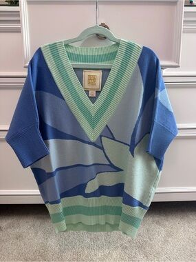 Emily McCarthy Poppy Varsity Sweater in Blue & Mint.  NWOT